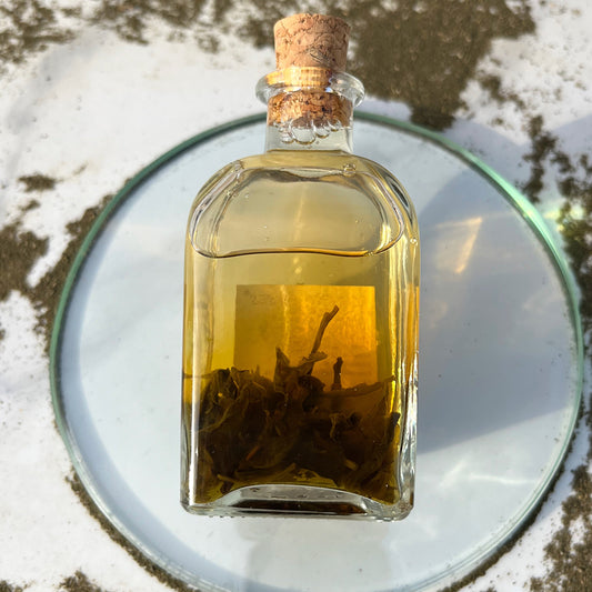 Glass bottle with cork lid containing a yellow liquid on a reflective surface