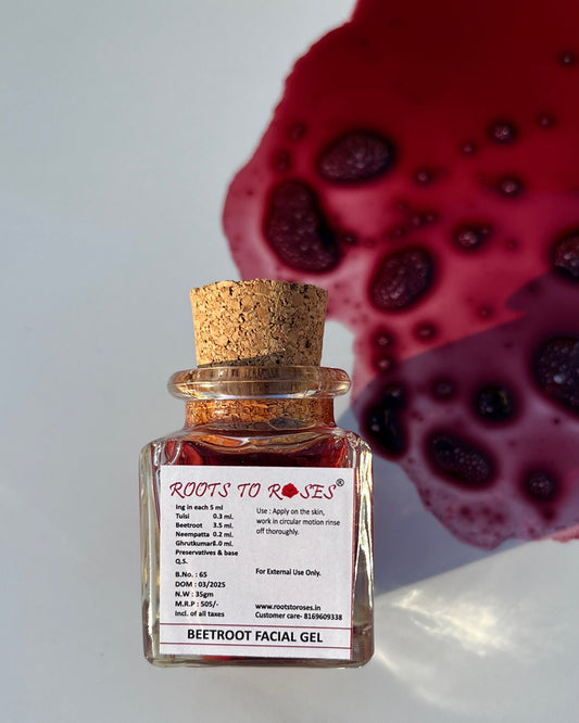 Jar of beetroot facial gel with a cork lid on a white background