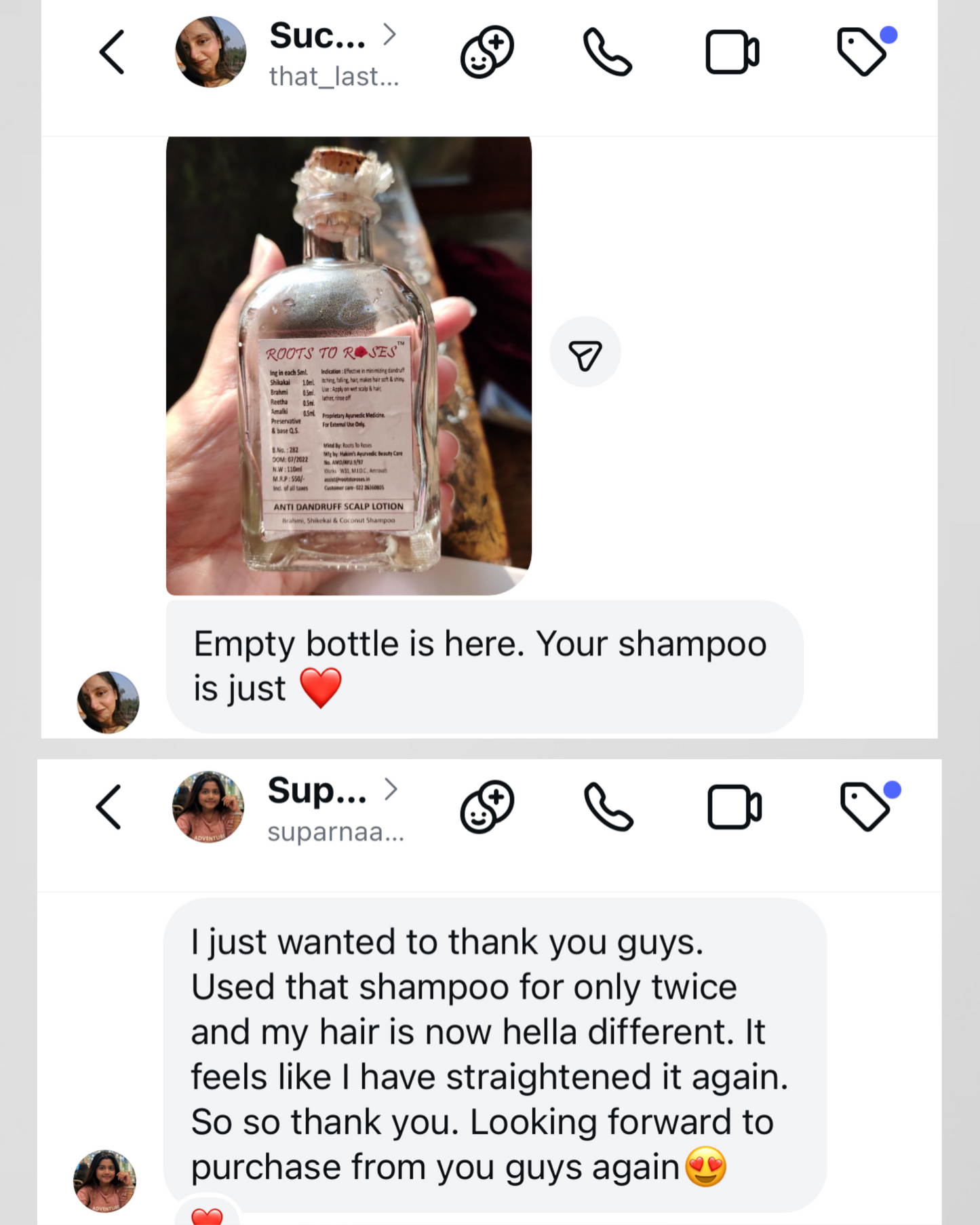 Hand holding an empty shampoo bottle with a message on a social media platform.