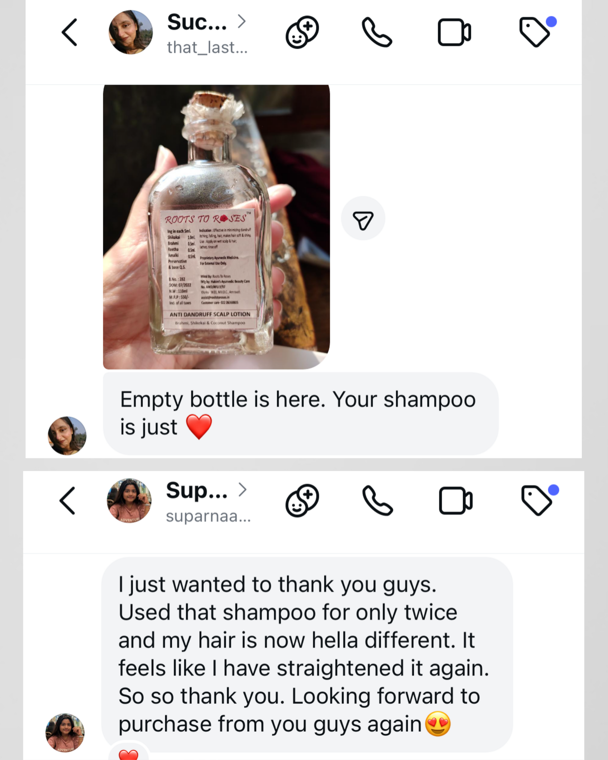 Hand holding an empty shampoo bottle with a message on a social media platform.