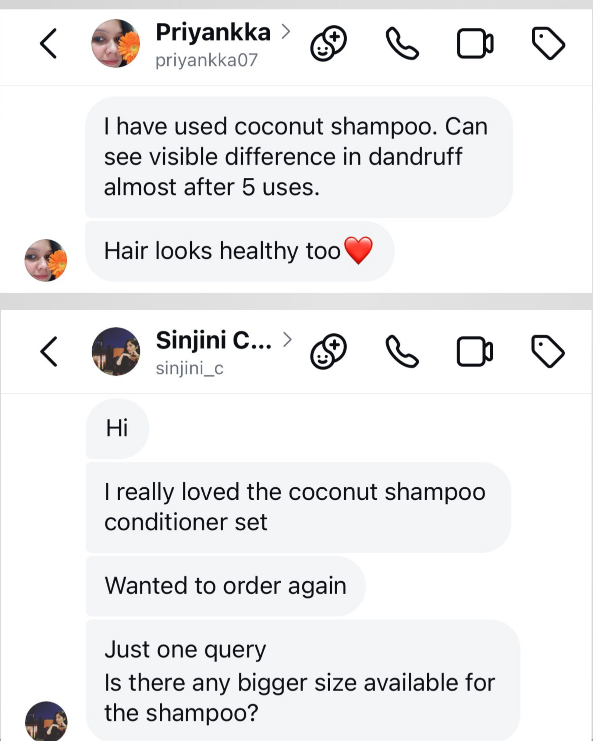 Text conversation about coconut shampoo with user feedback on dandruff reduction and product satisfaction.