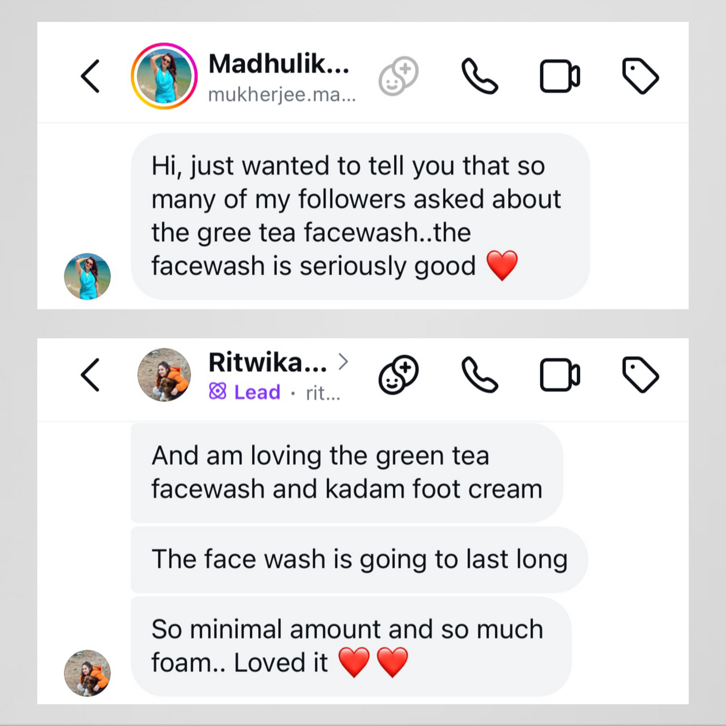 Text conversation between two users discussing a green tea face wash and kadam foot cream.