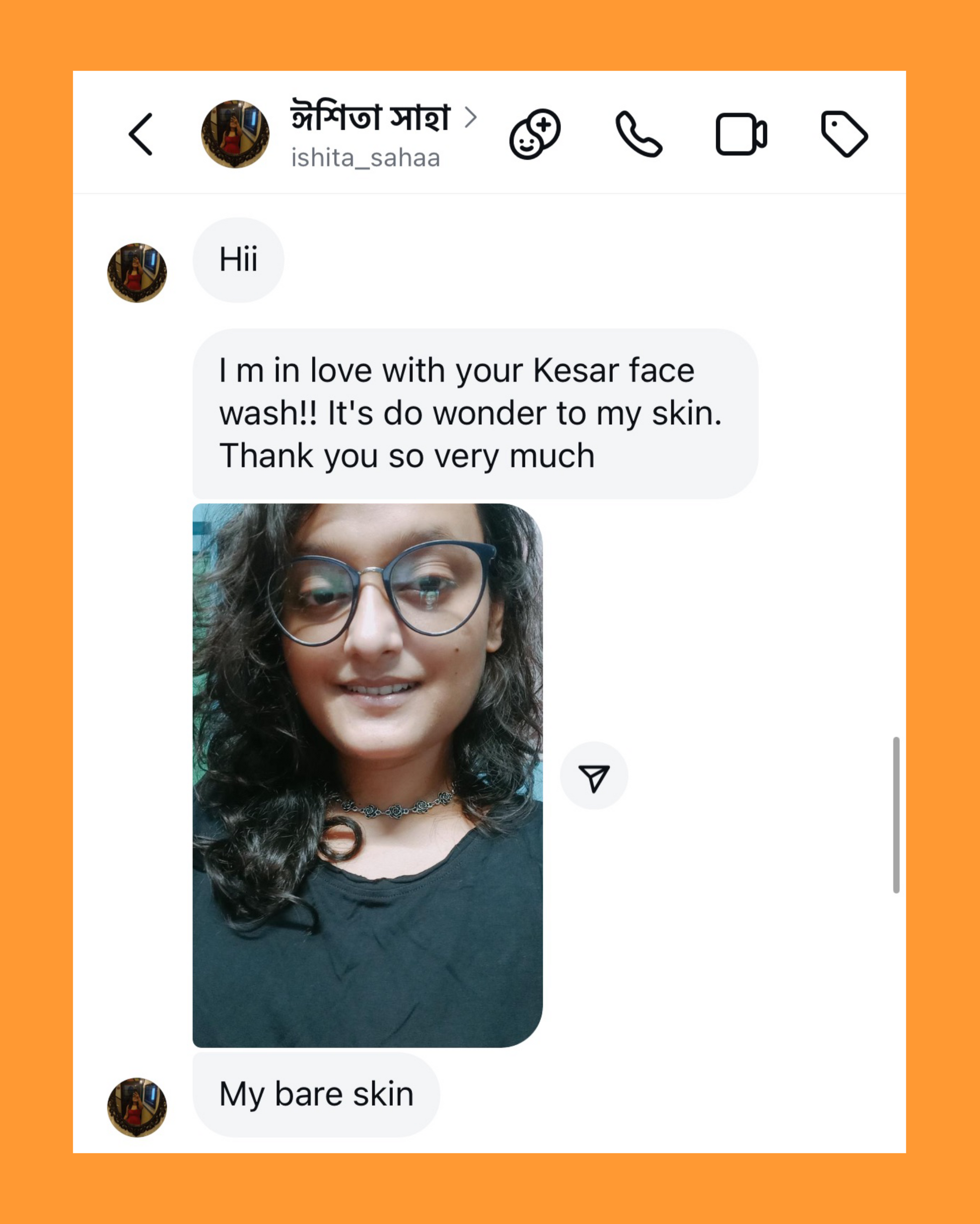 Product review with a person's face on an orange background
