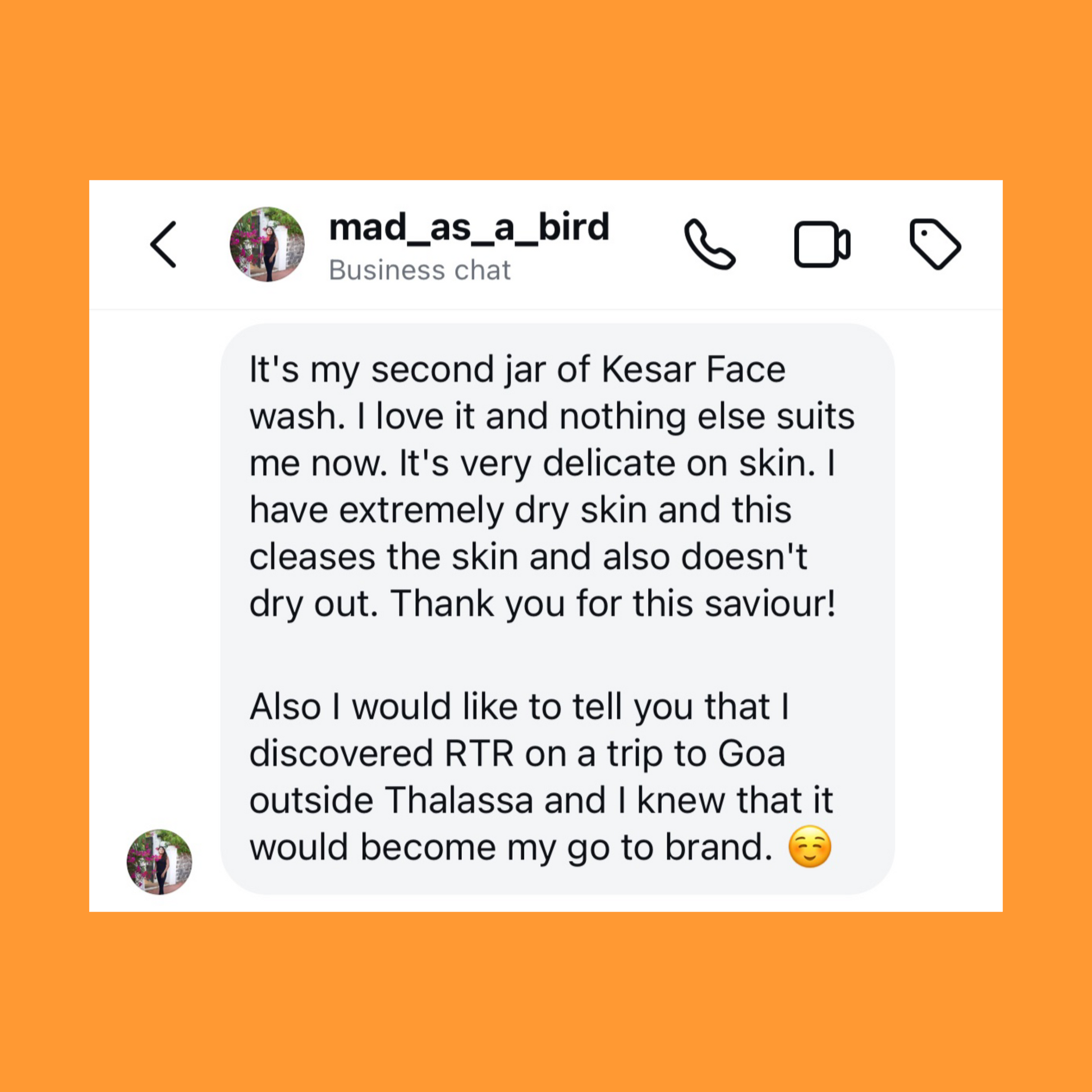Text message on a white background with an orange border, featuring a customer review of Kesar Face wash.