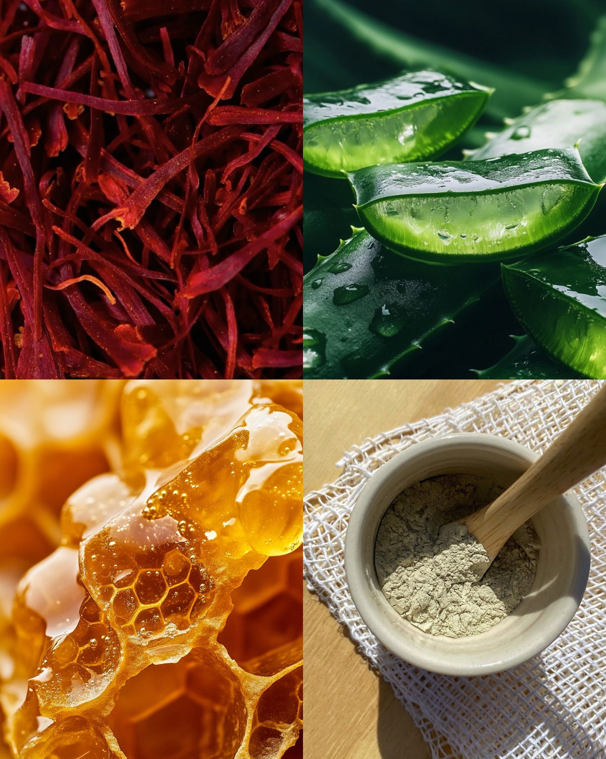 Four images: red strands, green aloe vera leaves, honeycomb, and a bowl with a wooden spoon.