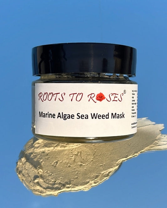 A jar of 'Roots to Roses' Marine Algae Sea Weed Mask with a label that has the product name and a 'Like' button, set against a blue background with a simulated coral reef.