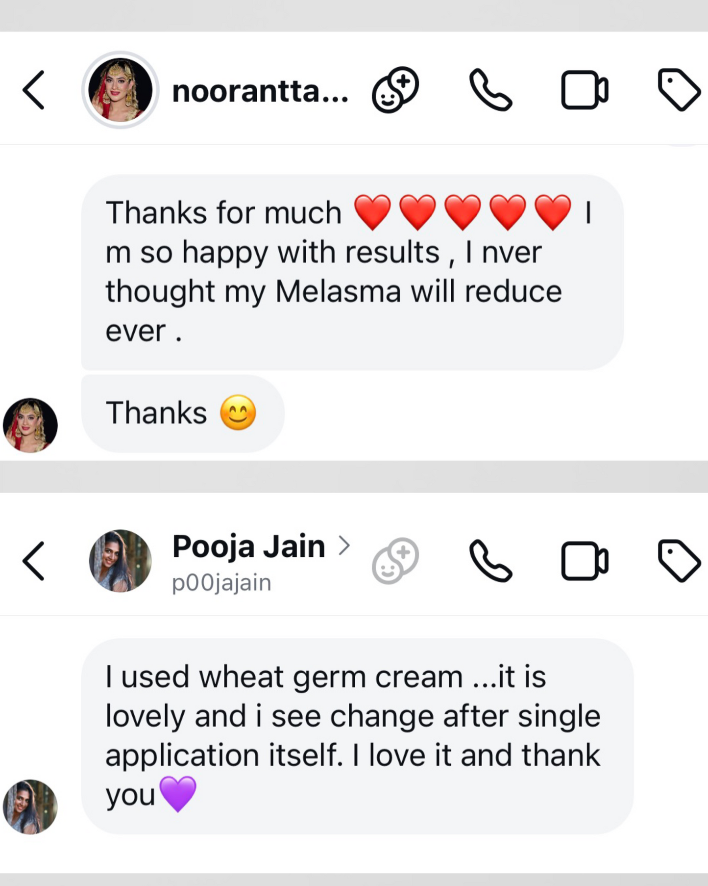 Text conversation between two users on a platform with heart emojis and a purple heart emoji.