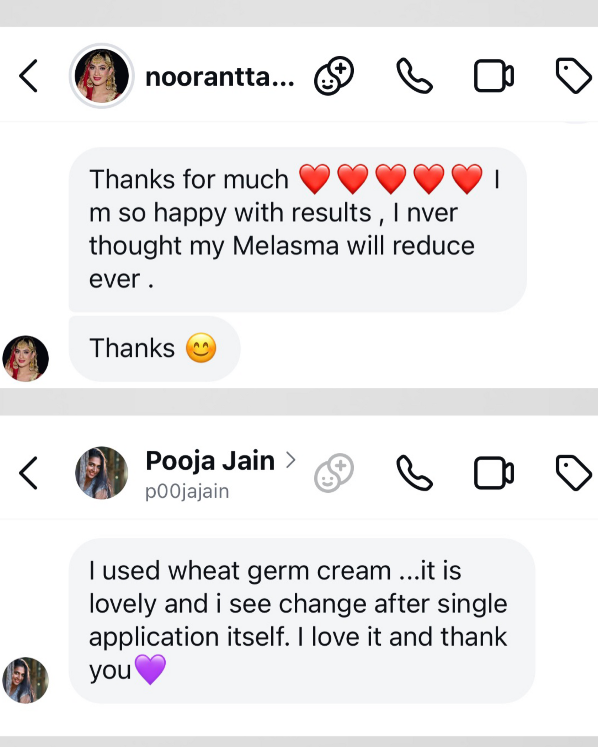 Text conversation between two users on a platform with heart emojis and a purple heart emoji.